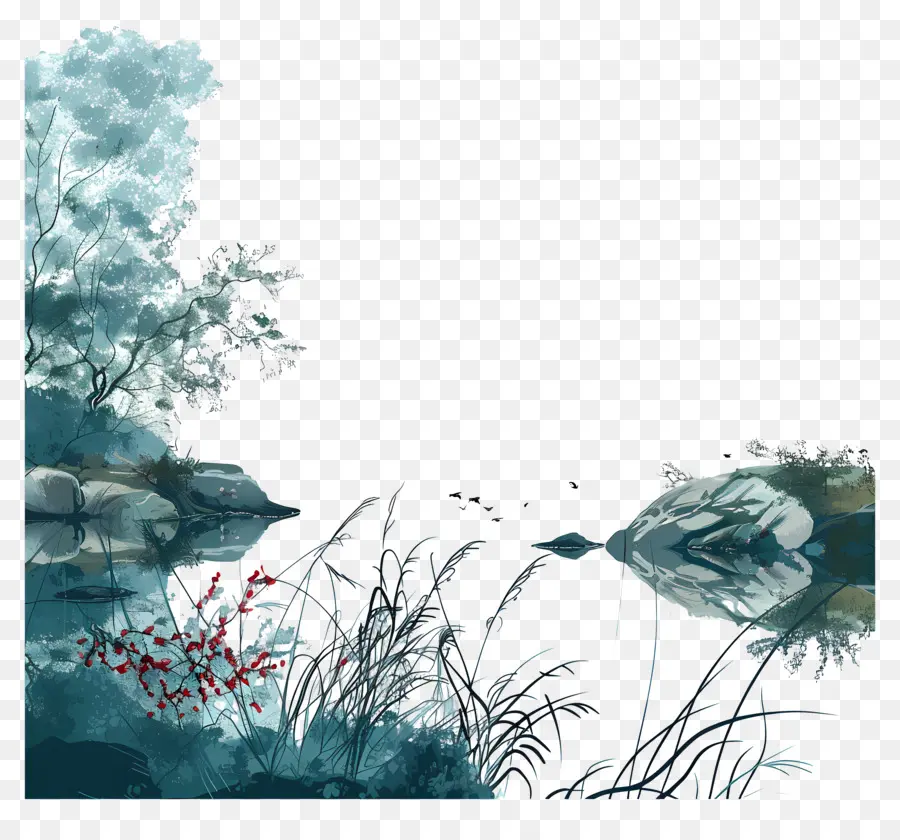 мирное озеро，пейзажная сцена PNG