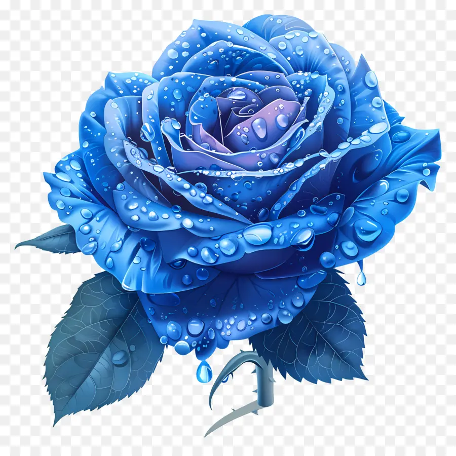 Голубая роза，капли воды PNG