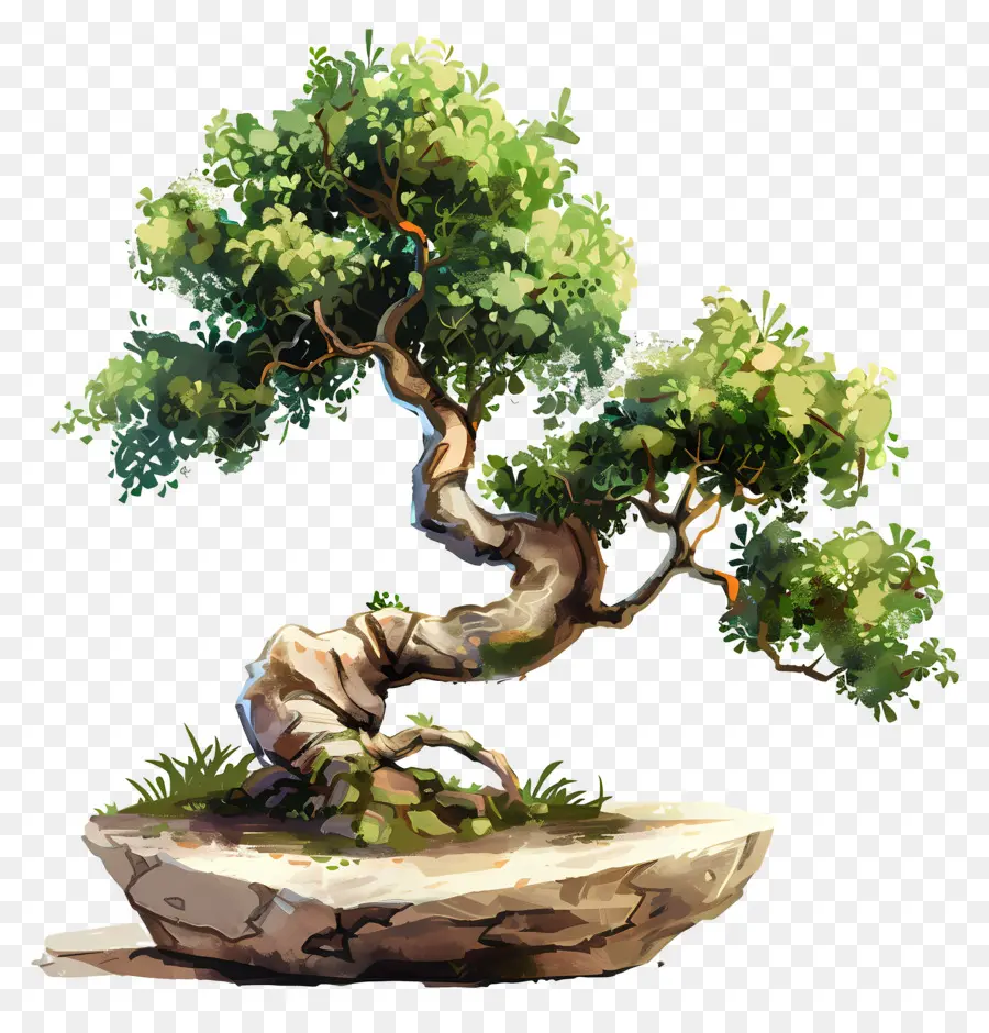 бонсай дерево，горная порода  PNG