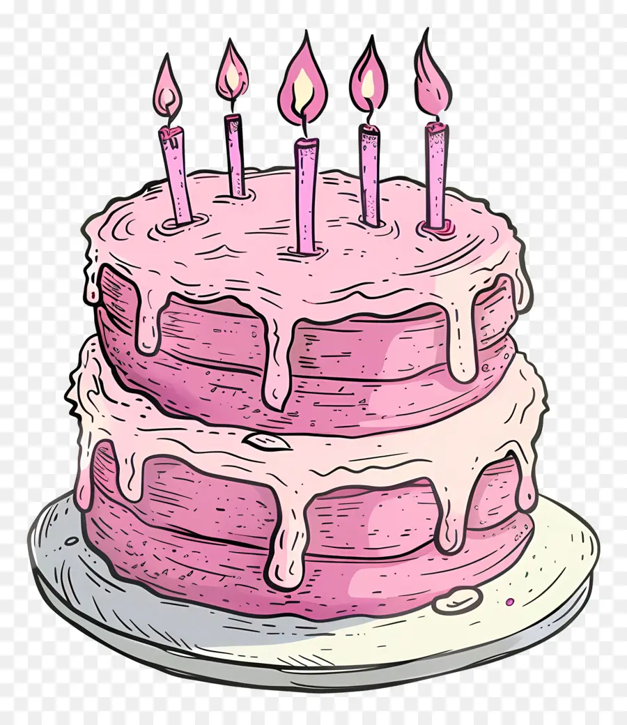 розовый торт，зажженные свечи PNG