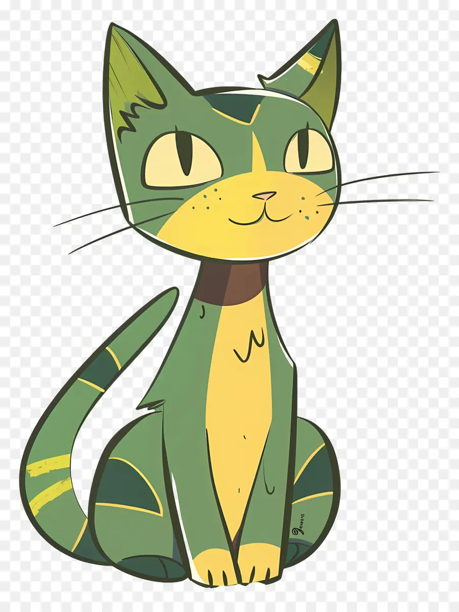 мультфильм кот，зеленый и желтый полосатый кот PNG