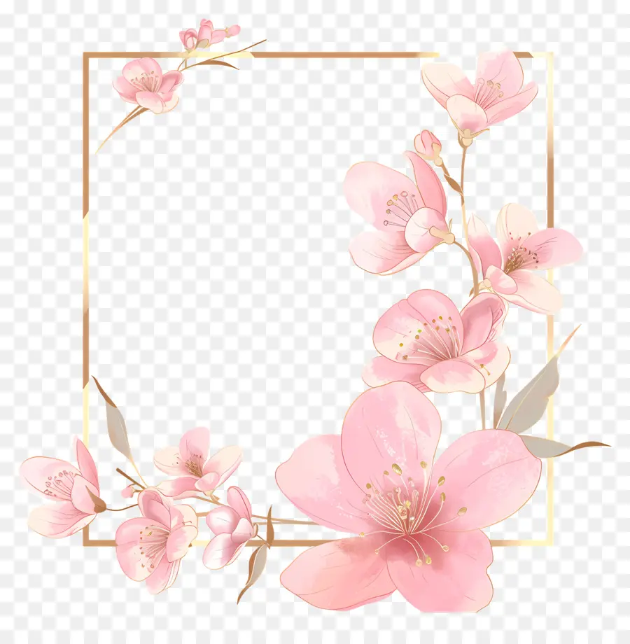 Золотая линия рама，Сакура цветы PNG