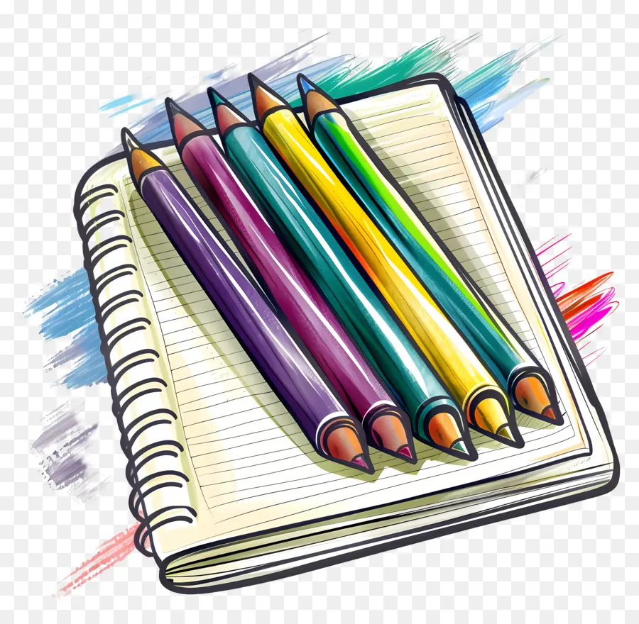 ноутбук，цветные карандаши PNG