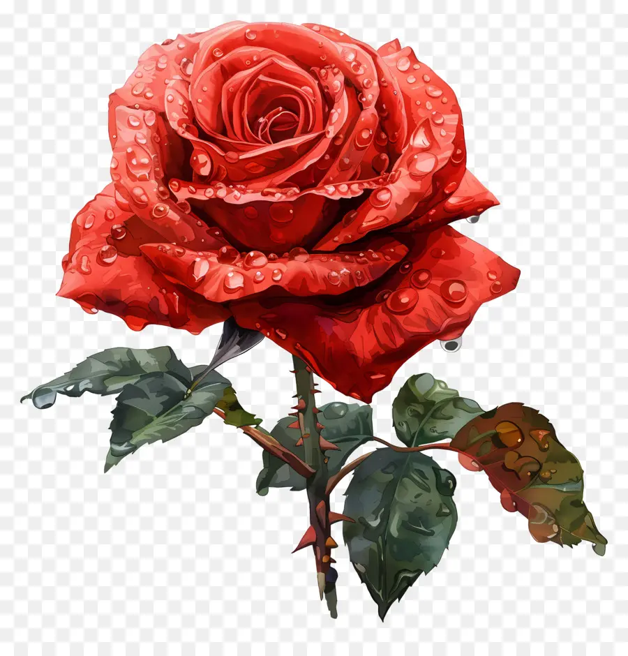 красная роза，капли воды PNG