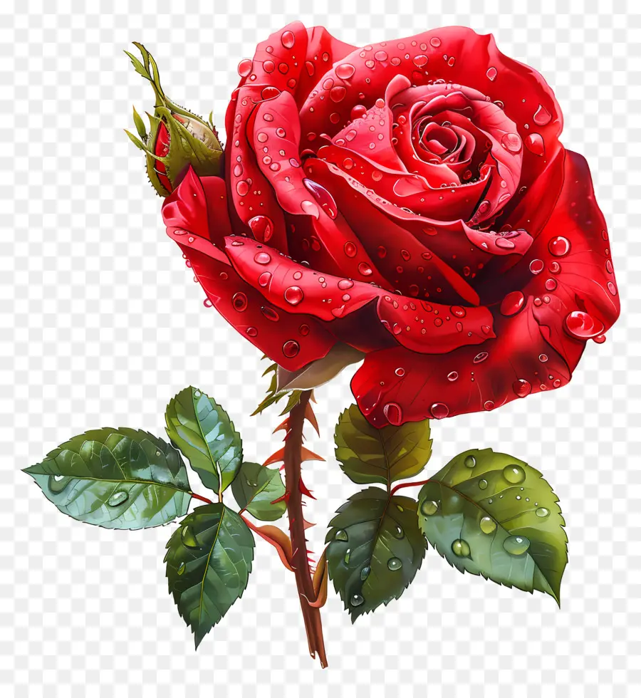 красная роза，капли воды PNG