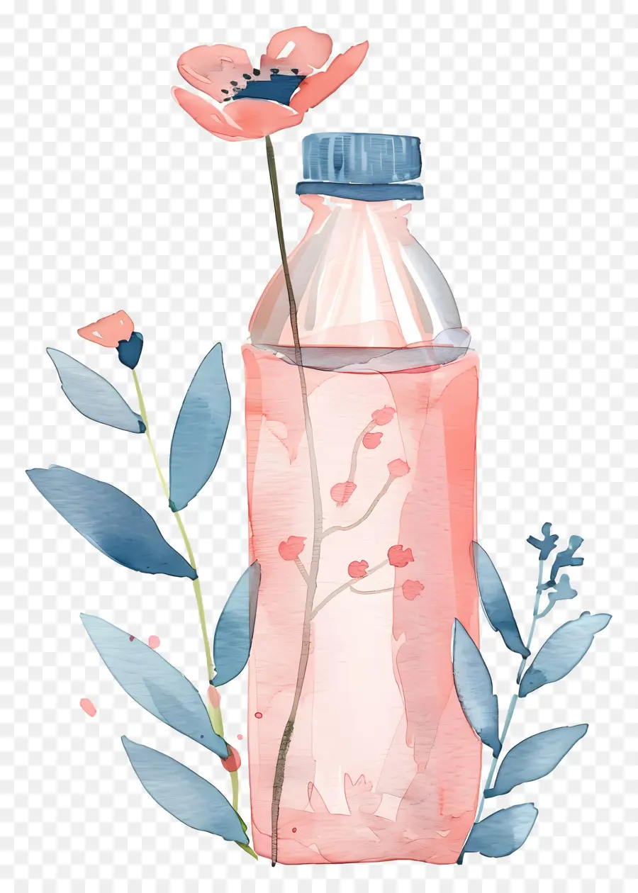 бутылка воды，Розовые цветы PNG