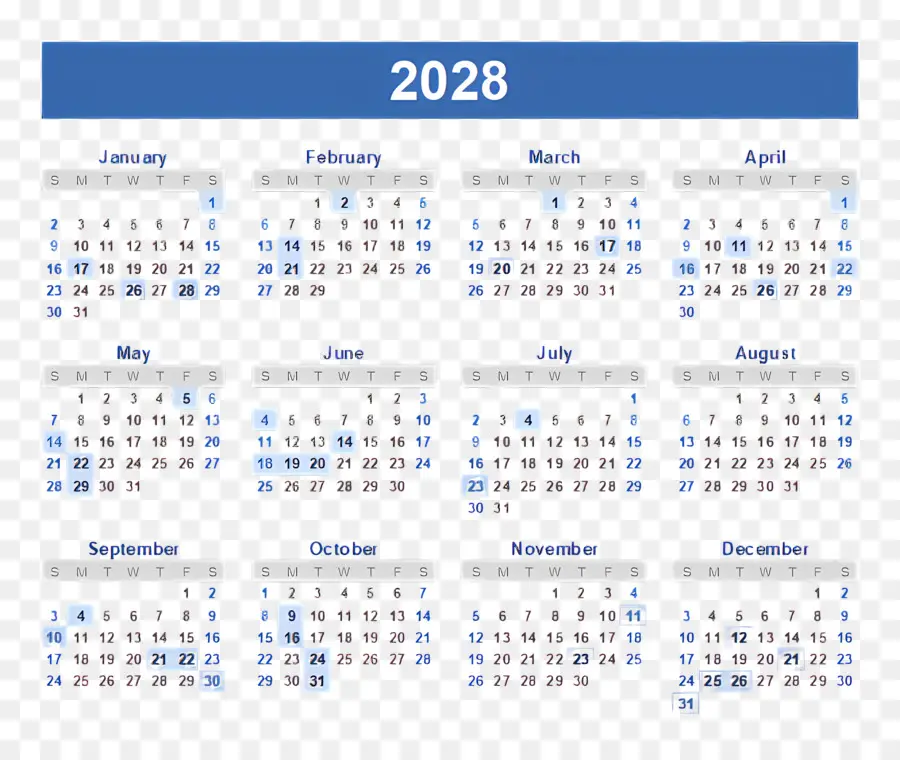 Календарь 2028 года，год PNG