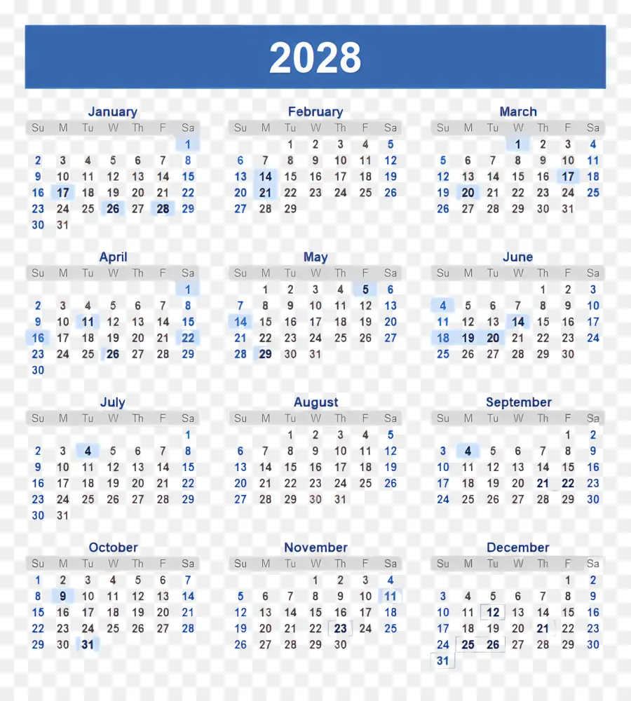 Календарь 2028 года，год PNG