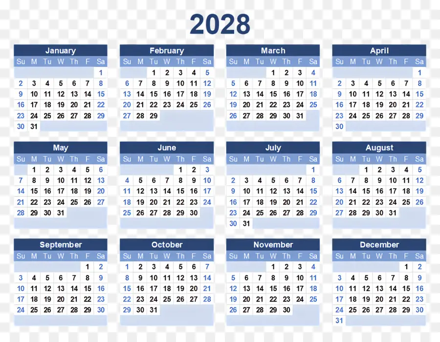 Календарь 2028 года，год PNG